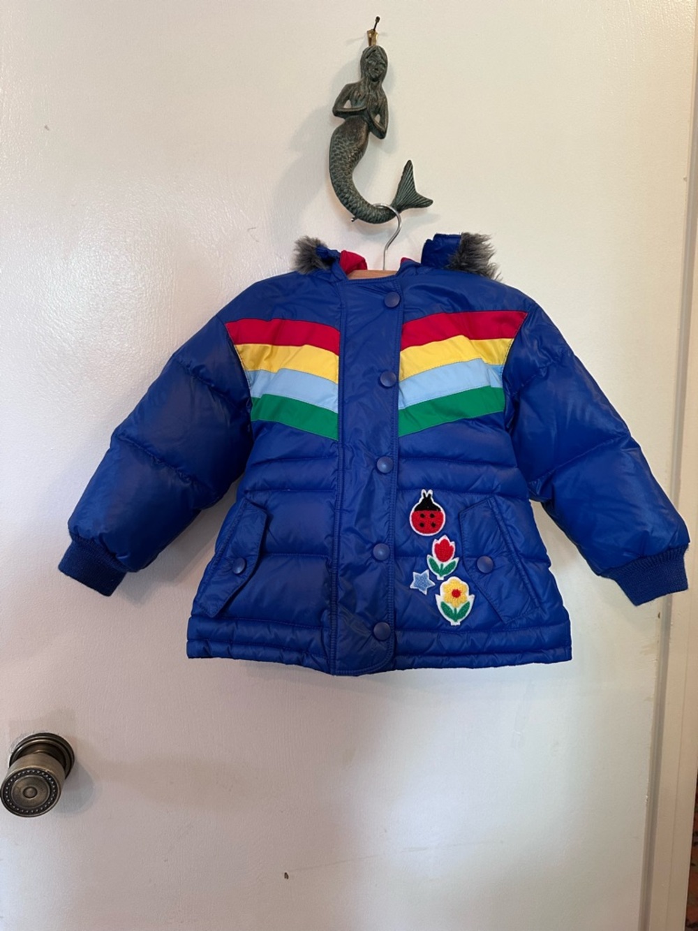 Hanna Andersson Blue Puffer Coat with Rainbow Stripes